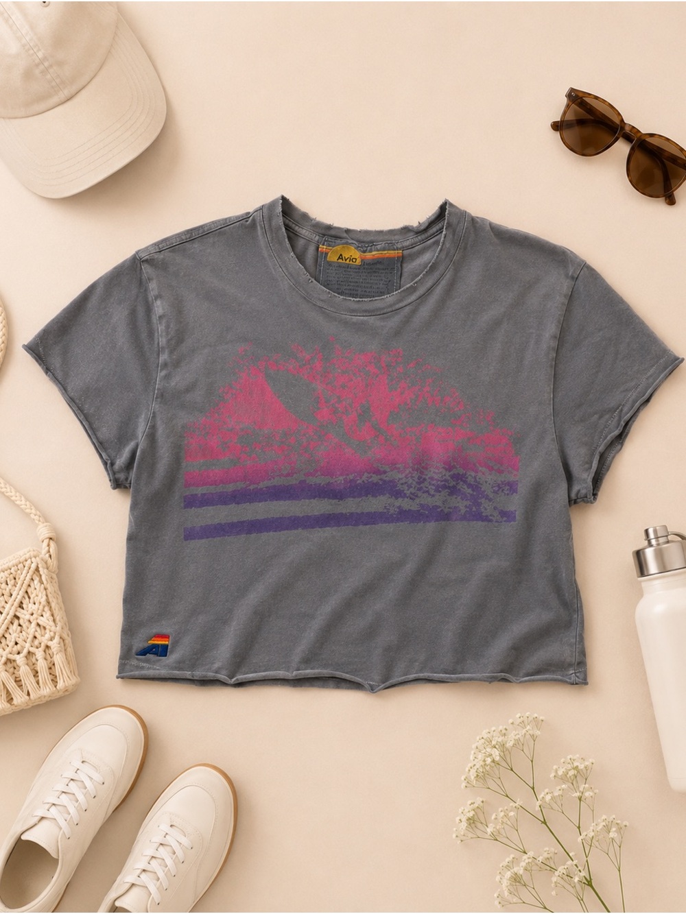 Aviator Nation women’s small crop distressed pink purple surf graphic tee